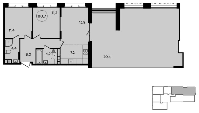 3-комнатная квартира (евро) без отделки, 80.7 м2, 10 этаж, сдача 4 квартал 2023 г., ЖК Скандинавия, корпус 2.23.6 - объявление 1572470 - фото №1