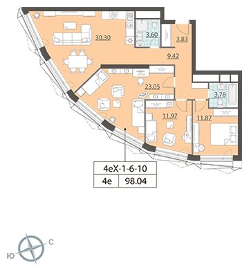 3-комнатная квартира без отделки, 97.9 м2, 13 этаж, дом сдан, ЖК ЗИЛАРТ, корпус ZILART DIAMOND - объявление 1943916 - фото №1