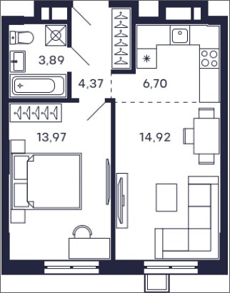 1-комнатная квартира с частичной отделкой, 42.11 м2, 13 этаж, сдача 2 квартал 2025 г., ЖК Квартал Тетрис, корпус "Квартал Тетрис 2.2" - объявление 2350358 - фото №1
