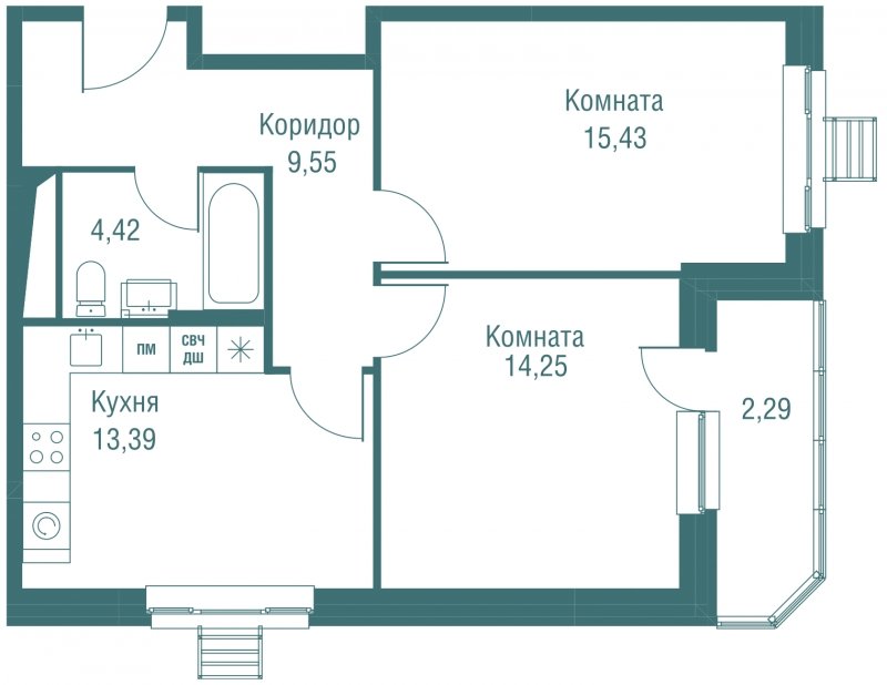 2-комнатная квартира без отделки, 59.33 м2, 2 этаж, сдача 2 квартал 2025 г., ЖК Жилой микрорайон Одинбург, корпус 4 - объявление 1952631 - фото №1