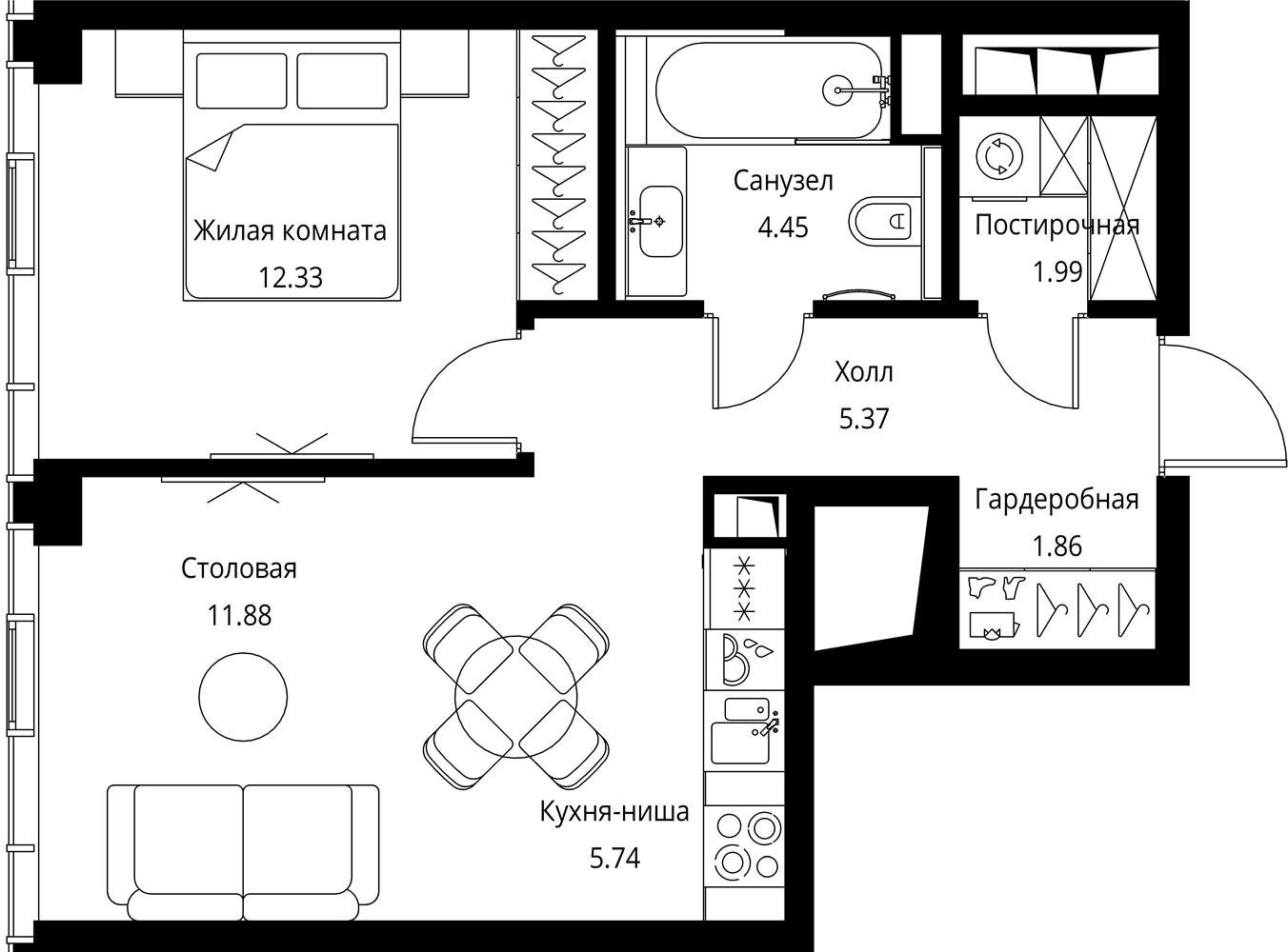 1-комнатная квартира с частичной отделкой, 43.62 м2, 41 этаж, сдача 3 квартал 2026 г., ЖК City Bay, корпус North Ocean 8 - объявление 2332284 - фото №1