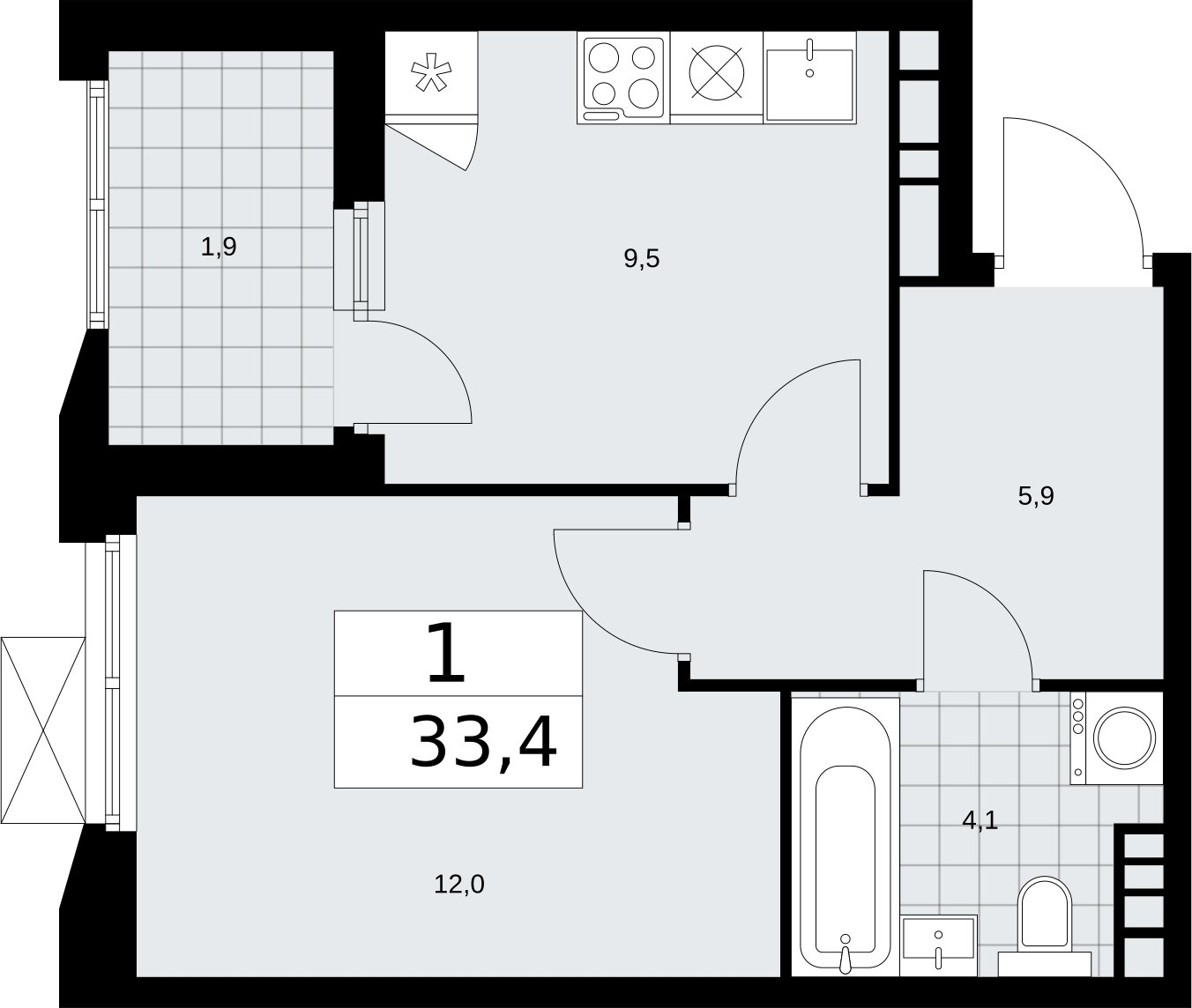1-комнатная квартира без отделки, 33.4 м2, 20 этаж, сдача 2 квартал 2026 г., ЖК Бунинские кварталы, корпус 5.2 - объявление 2297466 - фото №1