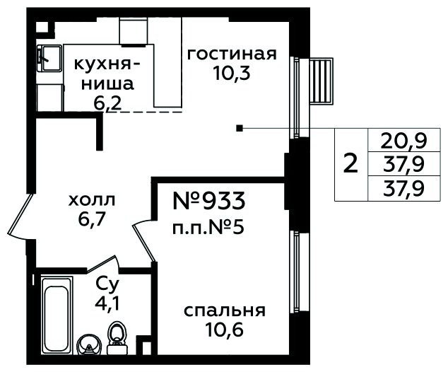 2-комнатная квартира (евро) с полной отделкой, 37.9 м2, 1 этаж, сдача 1 квартал 2025 г., ЖК Эко Бунино, корпус Я-10-11 - объявление 1903898 - фото №1