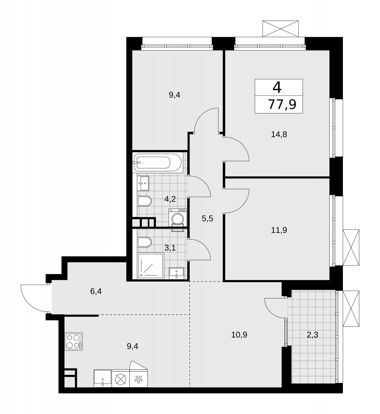 4-комнатная квартира (евро) с полной отделкой, 77.9 м2, 14 этаж, сдача 2 квартал 2026 г., ЖК Деснаречье, корпус 4.9 - объявление 2265436 - фото №1