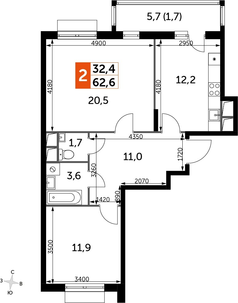 2-комнатная квартира с частичной отделкой, 62.6 м2, 2 этаж, сдача 3 квартал 2023 г., ЖК UP-квартал Римский, корпус 7 - объявление 2208396 - фото №1