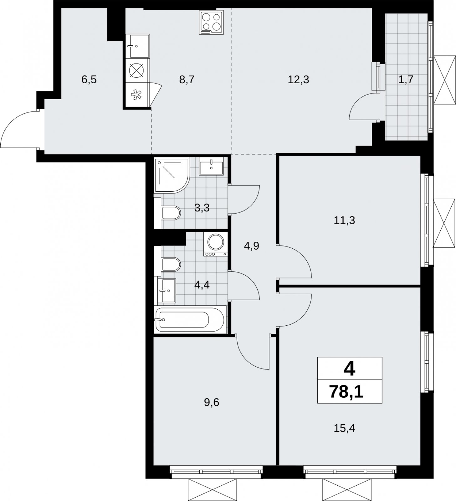 4-комнатная квартира (евро) с полной отделкой, 78.1 м2, 11 этаж, сдача 2 квартал 2026 г., ЖК Бунинские кварталы, корпус 9.3 - объявление 2324394 - фото №1