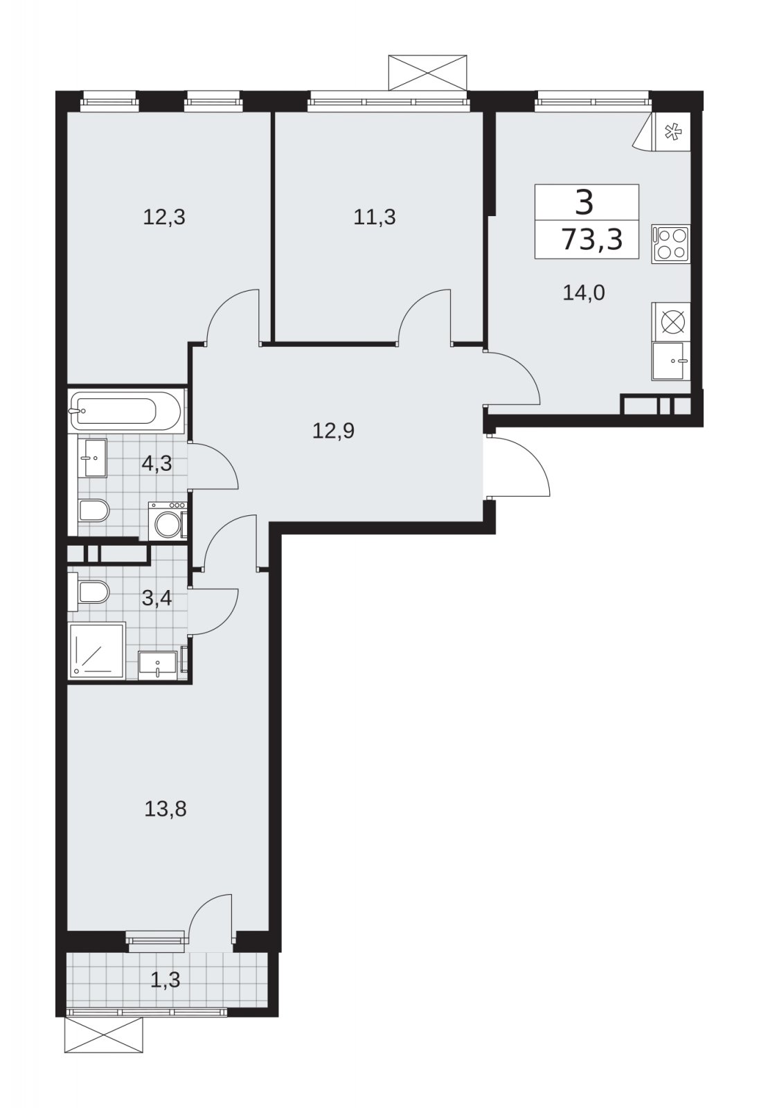 3-комнатная квартира с частичной отделкой, 73.3 м2, 7 этаж, сдача 2 квартал 2026 г., ЖК Прокшино, корпус 11.2.3 - объявление 2270290 - фото №1