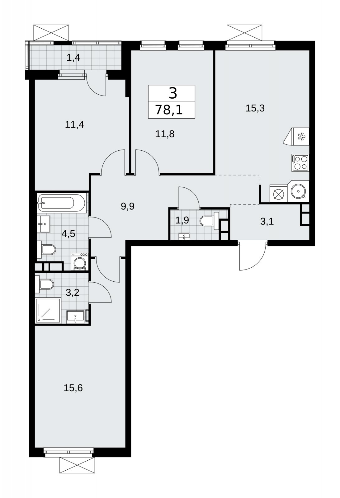 3-комнатная квартира без отделки, 78.1 м2, 3 этаж, сдача 4 квартал 2025 г., ЖК Прокшино, корпус 11.1.4 - объявление 2257568 - фото №1