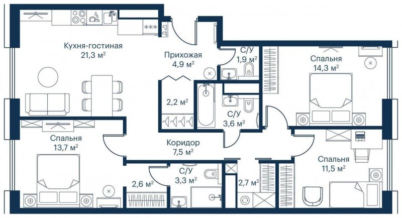 3-комнатная квартира с частичной отделкой, 90.63 м2, 2 этаж, сдача 2 квартал 2023 г., ЖК City Bay, корпус Indian Ocean 8 - объявление 1671612 - фото №1