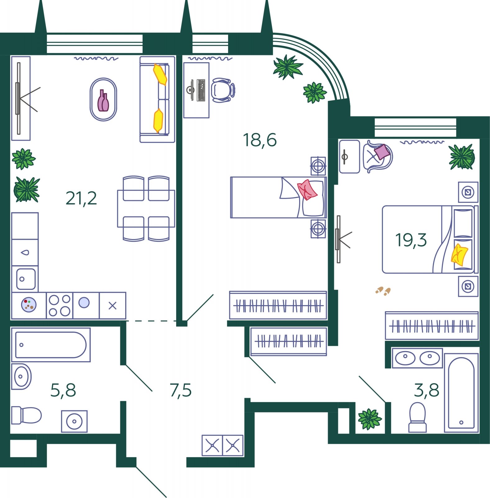 2-комнатная квартира без отделки, 76.2 м2, 7 этаж, сдача 4 квартал 2023 г., ЖК SHAGAL, корпус 1.1 - объявление 2171803 - фото №1