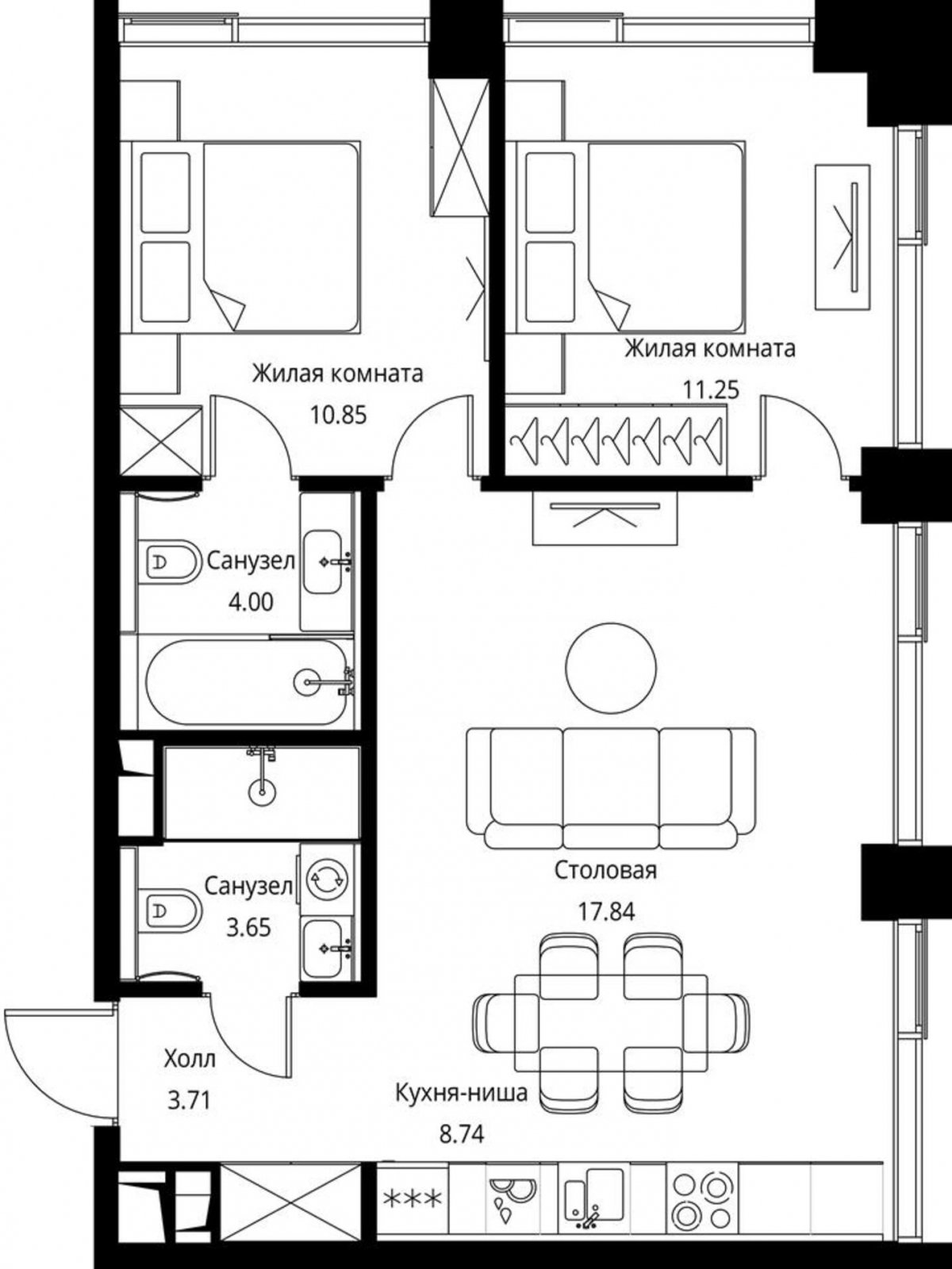 2-комнатная квартира с частичной отделкой, 60.04 м2, 13 этаж, сдача 3 квартал 2026 г., ЖК City Bay, корпус North Ocean 6 - объявление 2240511 - фото №1