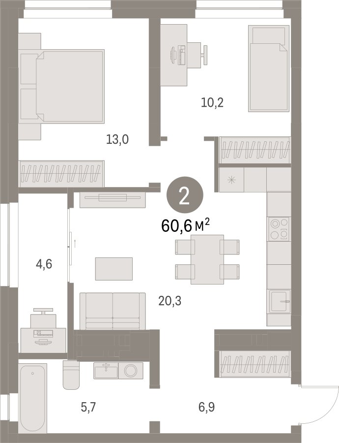 2-комнатная квартира с частичной отделкой, 60.62 м2, 12 этаж, сдача 1 квартал 2025 г., ЖК Первый квартал, корпус Дом 5 - объявление 2281546 - фото №1