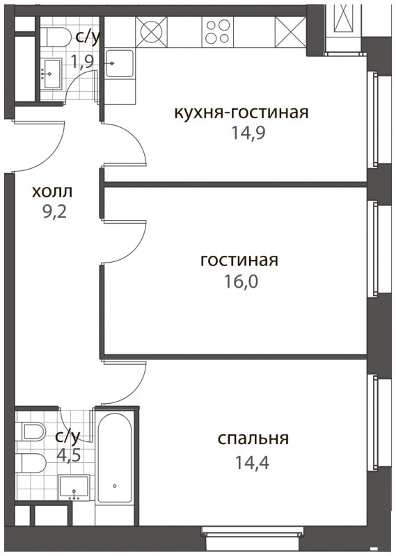 2-комнатная квартира без отделки, 60.9 м2, 8 этаж, дом сдан, ЖК HomeCity, корпус 2 - объявление 1638645 - фото №1