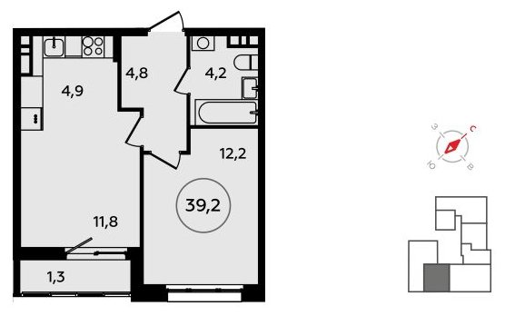 2-комнатная квартира (евро) без отделки, 39.2 м2, 5 этаж, сдача 3 квартал 2023 г., ЖК Прокшино, корпус 4.6 - объявление 1887327 - фото №1