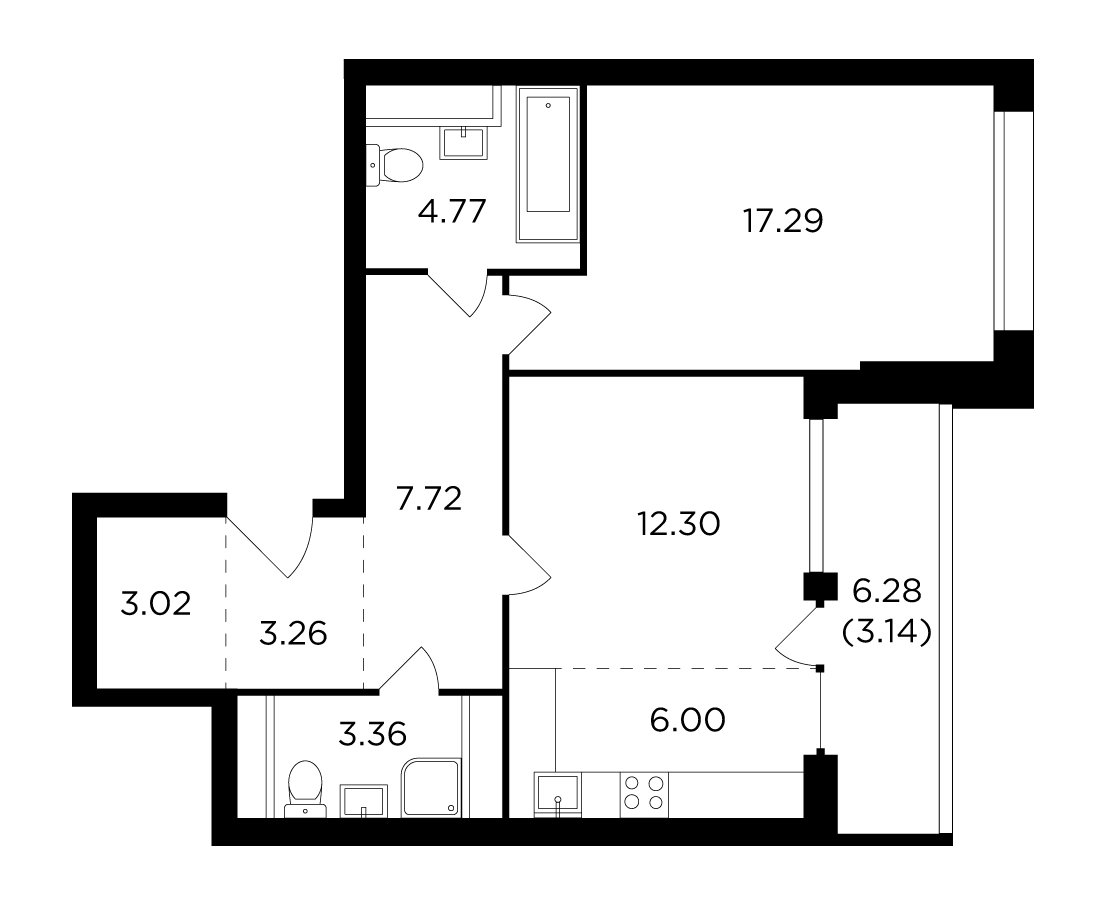 2-комнатная квартира без отделки, 60.49 м2, 26 этаж, дом сдан, ЖК RiverSky, корпус 7 - объявление 2139110 - фото №1