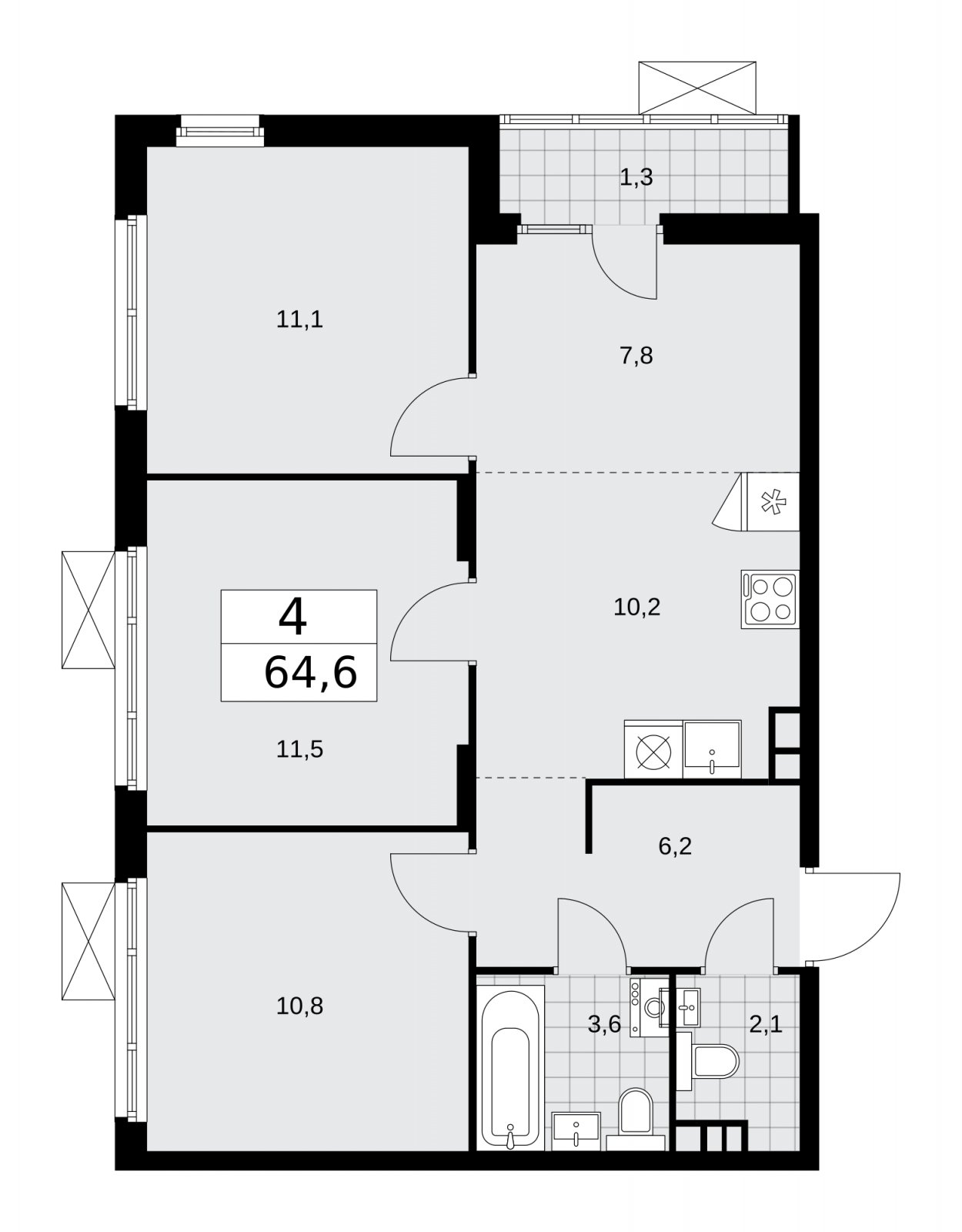 4-комнатная квартира (евро) с частичной отделкой, 64.6 м2, 3 этаж, сдача 2 квартал 2026 г., ЖК Деснаречье, корпус 4.5 - объявление 2264450 - фото №1