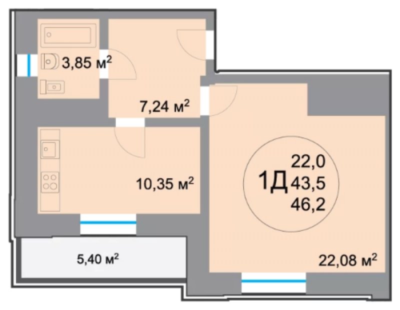 1-комнатная квартира 46.39 м2, 4 этаж, дом сдан, ЖК 28 микрорайон, корпус 2 - объявление 1348823 - фото №1