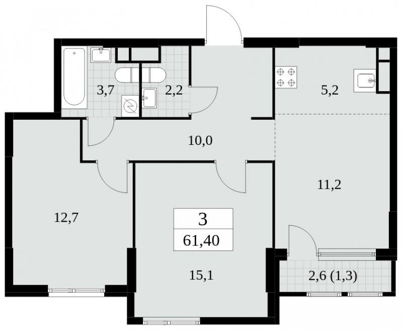 3-комнатная квартира (евро) без отделки, 61.4 м2, 3 этаж, сдача 2 квартал 2025 г., ЖК Южные сады, корпус 2.4 - объявление 1760429 - фото №1