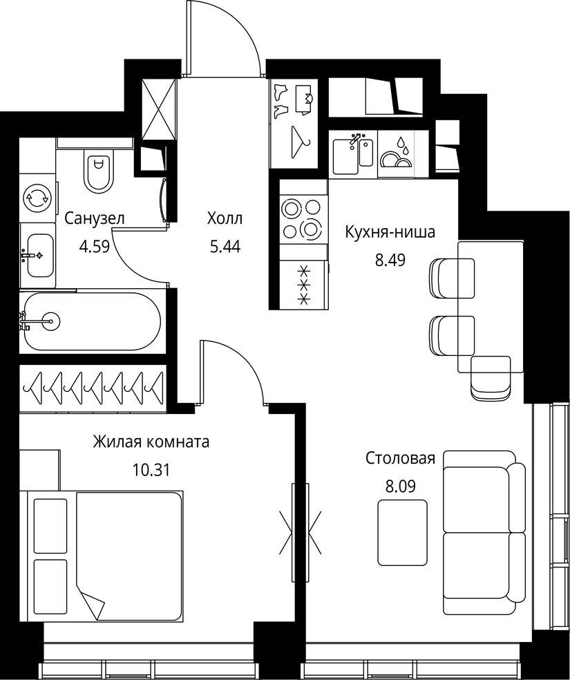 1-комнатная квартира с частичной отделкой, 37.1 м2, 37 этаж, сдача 3 квартал 2026 г., ЖК City Bay, корпус North Ocean 1 - объявление 2277692 - фото №1