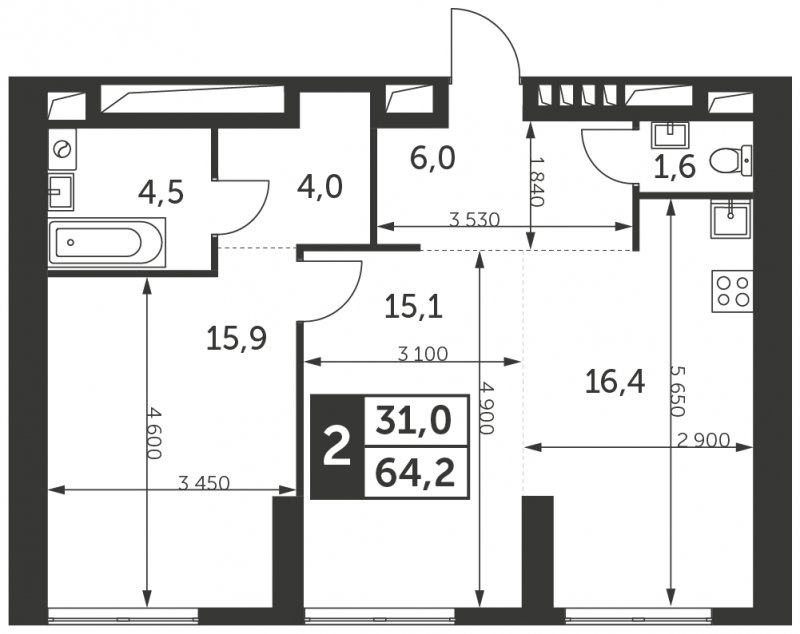 2-комнатная квартира с частичной отделкой, 64.2 м2, 30 этаж, сдача 4 квартал 2023 г., ЖК Архитектор, корпус 2 - объявление 1671189 - фото №1