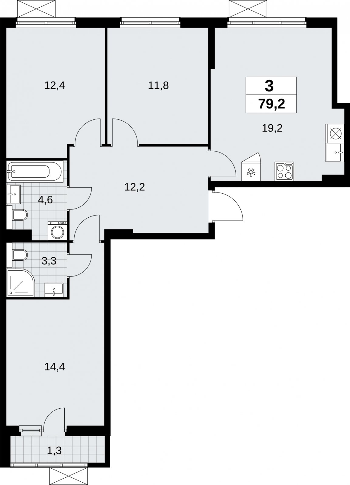 3-комнатная квартира без отделки, 79.2 м2, 9 этаж, сдача 2 квартал 2026 г., ЖК Бунинские кварталы, корпус 9.1 - объявление 2323988 - фото №1