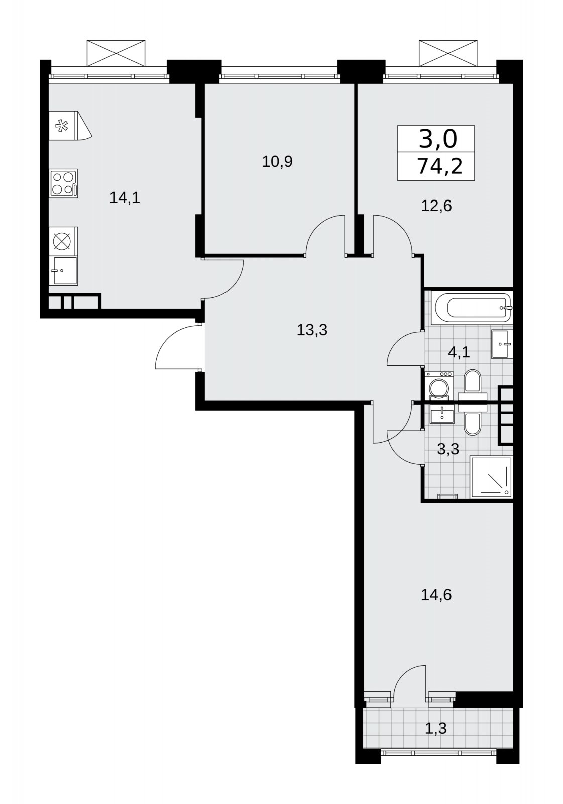 3-комнатная квартира без отделки, 74.2 м2, 10 этаж, сдача 1 квартал 2026 г., ЖК Прокшино, корпус 10.1.1 - объявление 2226874 - фото №1