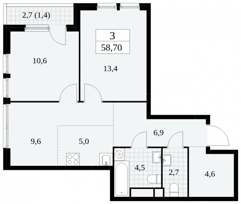 3-комнатная квартира (евро) с частичной отделкой, 58.7 м2, 16 этаж, сдача 2 квартал 2025 г., ЖК Южные сады, корпус 2.2 - объявление 1757571 - фото №1