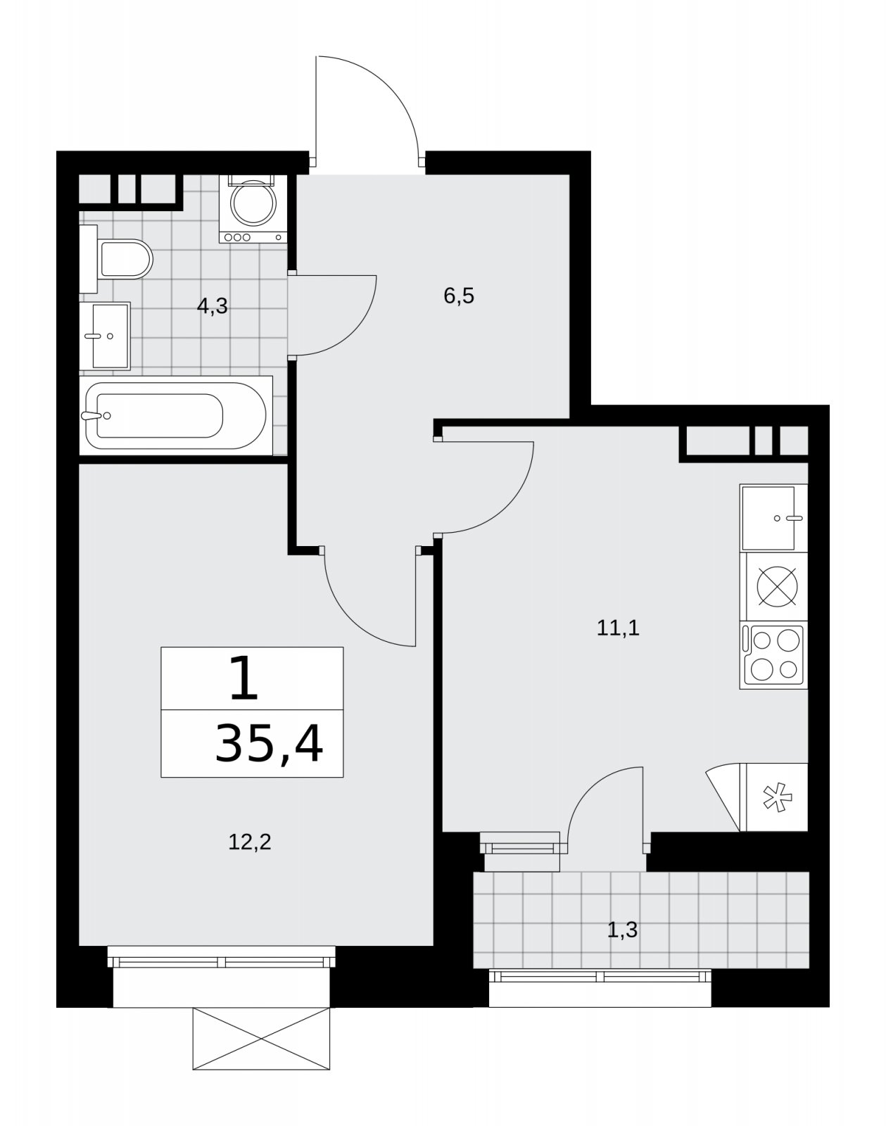 1-комнатная квартира без отделки, 35.4 м2, 8 этаж, сдача 4 квартал 2025 г., ЖК Бунинские кварталы, корпус 6.4 - объявление 2252741 - фото №1