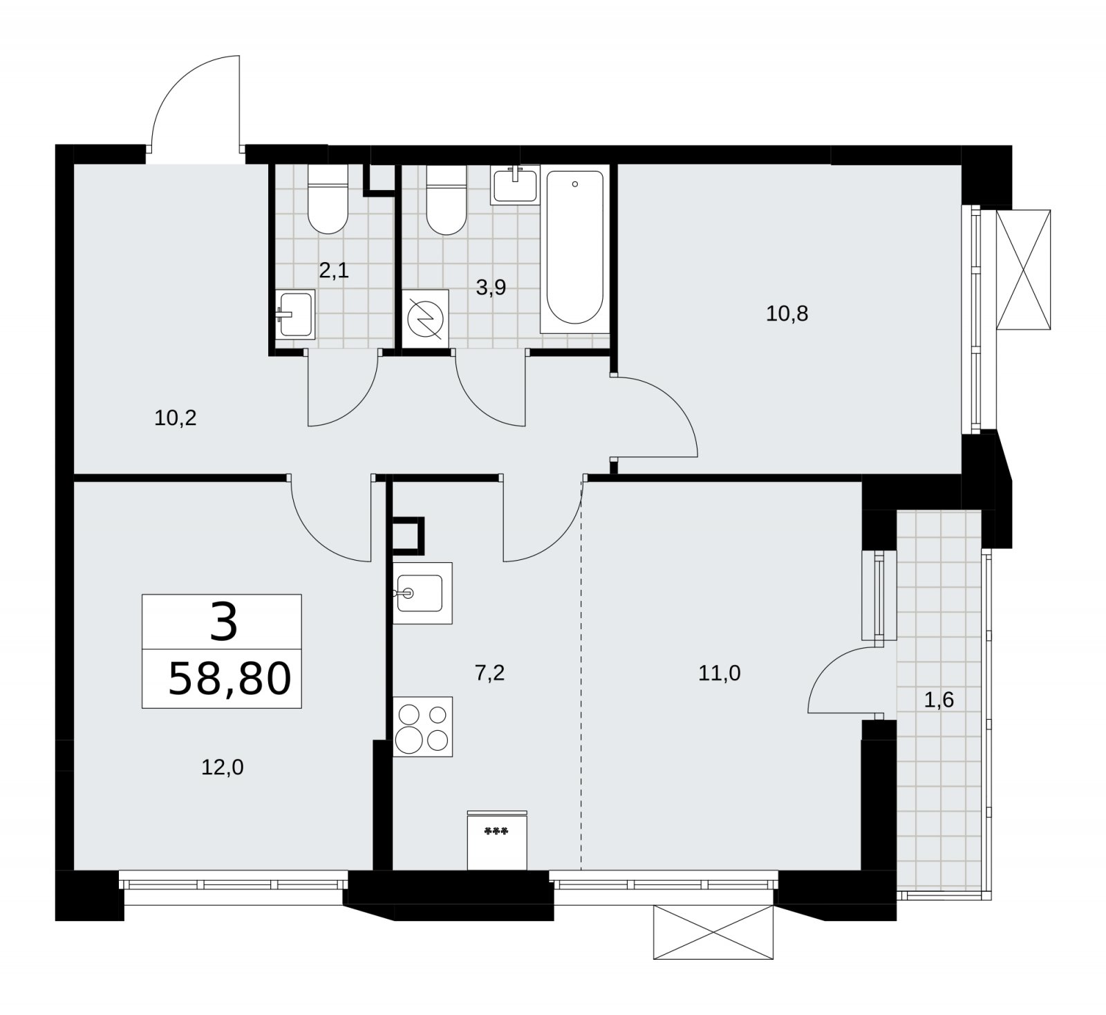 3-комнатная квартира (евро) с частичной отделкой, 58.8 м2, 2 этаж, сдача 4 квартал 2025 г., ЖК Скандинавия, корпус 28.4 - объявление 2202725 - фото №1