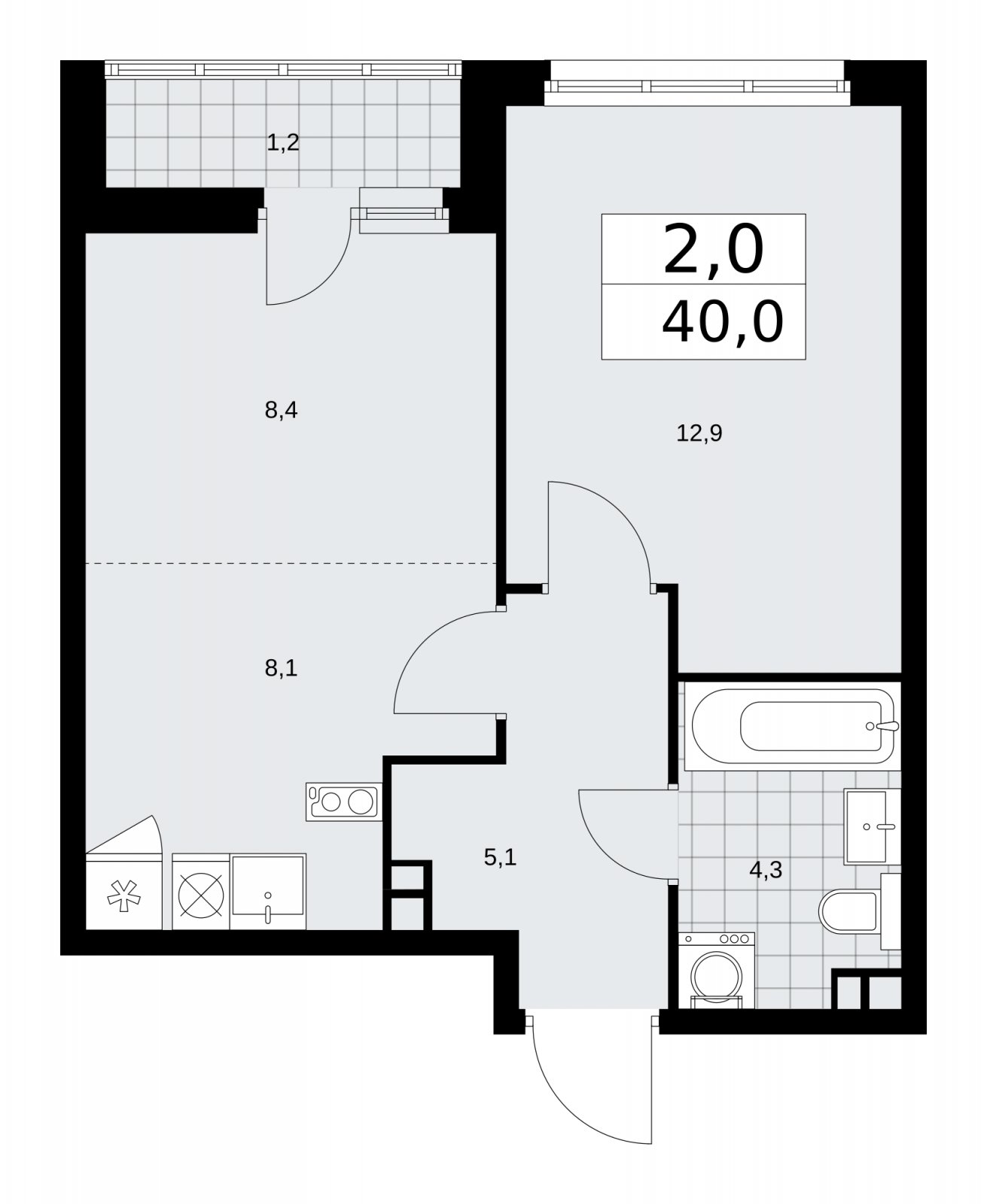 2-комнатная квартира (евро) с частичной отделкой, 40 м2, 3 этаж, сдача 2 квартал 2026 г., ЖК Дзен-кварталы, корпус 3.4 - объявление 2242040 - фото №1