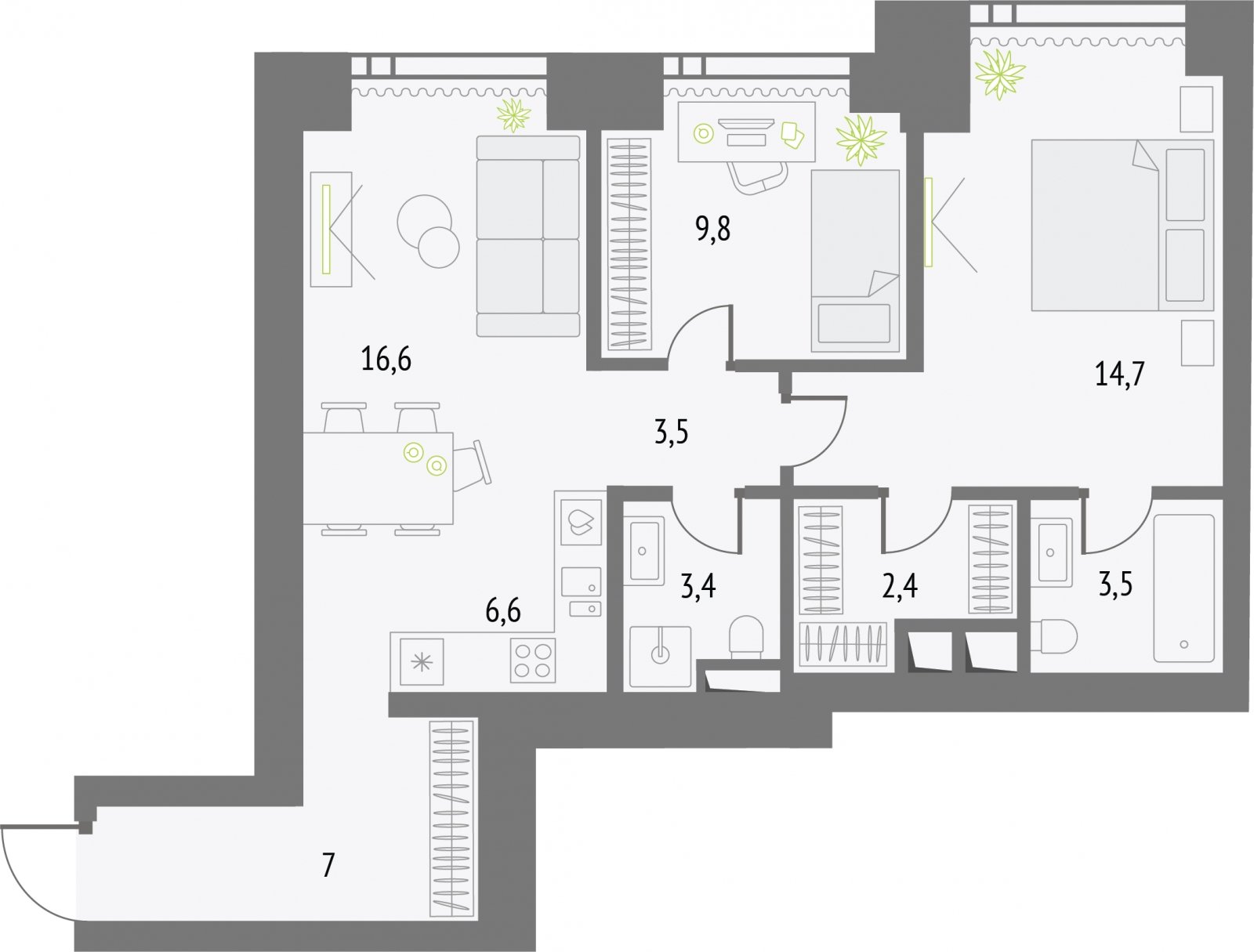 2-комнатная квартира без отделки, 67.5 м2, 24 этаж, сдача 2 квартал 2026 г., ЖК Upside Towers, корпус 1 - объявление 2255937 - фото №1