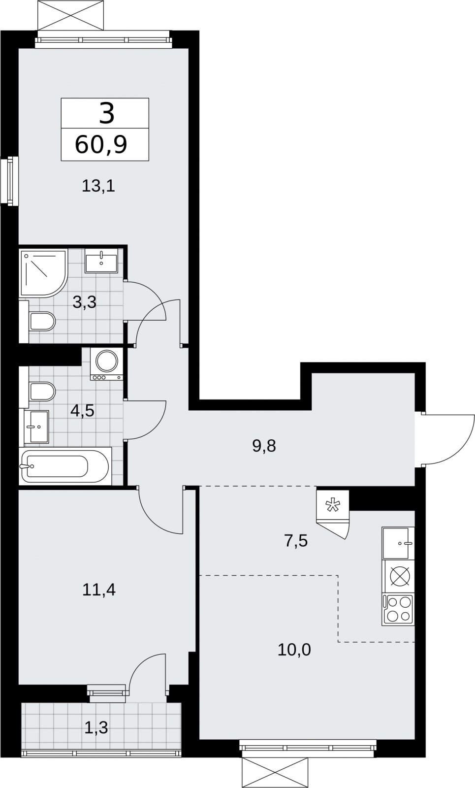 3-комнатная квартира (евро) без отделки, 60.9 м2, 12 этаж, сдача 2 квартал 2026 г., ЖК Бунинские кварталы, корпус 7.3 - объявление 2313708 - фото №1