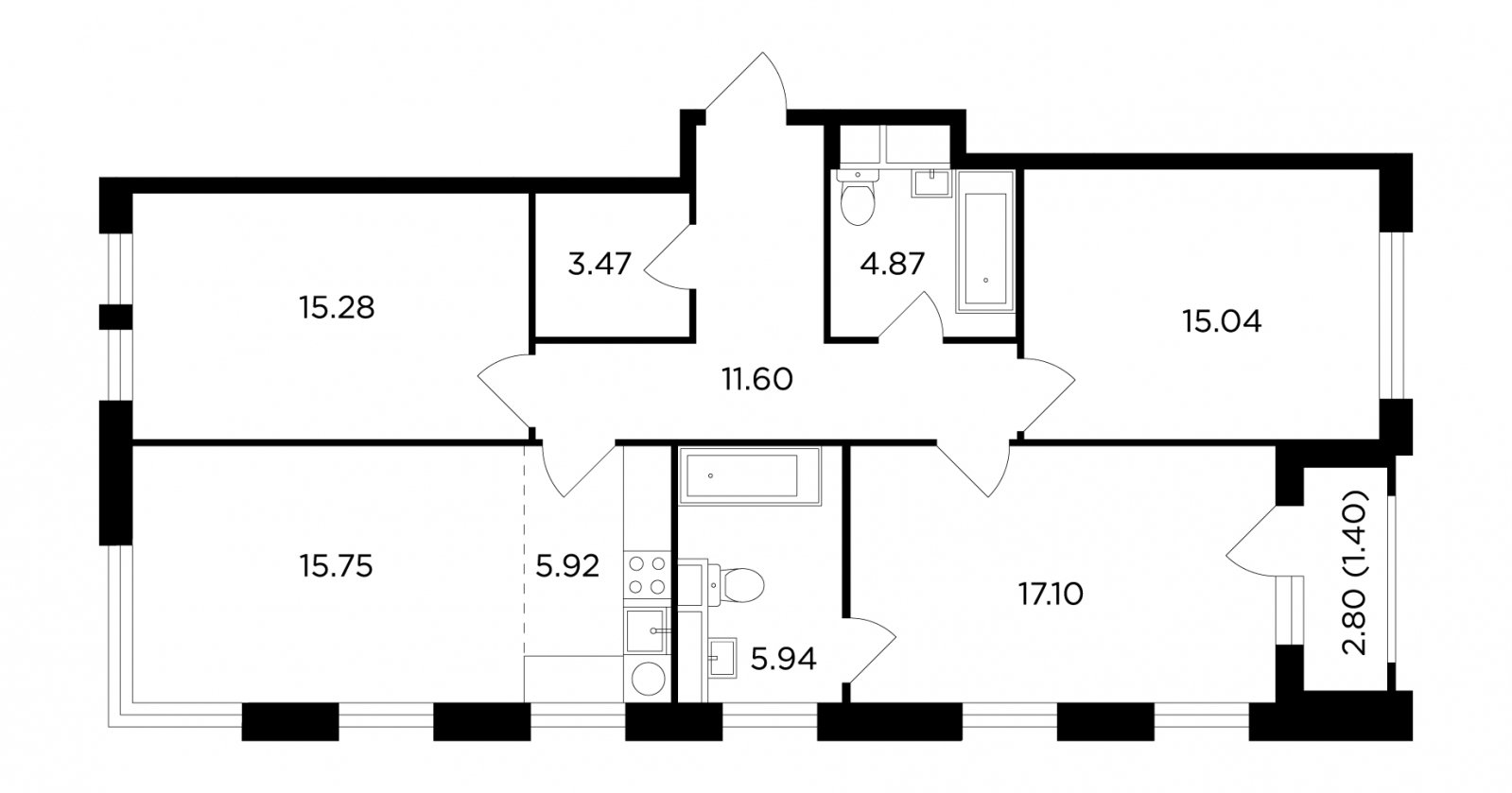 4-комнатная квартира без отделки, 96.37 м2, 4 этаж, дом сдан, ЖК TopHILLS, корпус 6 - объявление 2278895 - фото №1