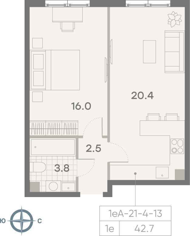 1-комнатная квартира 42.7 м2, 8 этаж, сдача 3 квартал 2025 г., ЖК Парксайд, корпус 1 - объявление 2212822 - фото №1