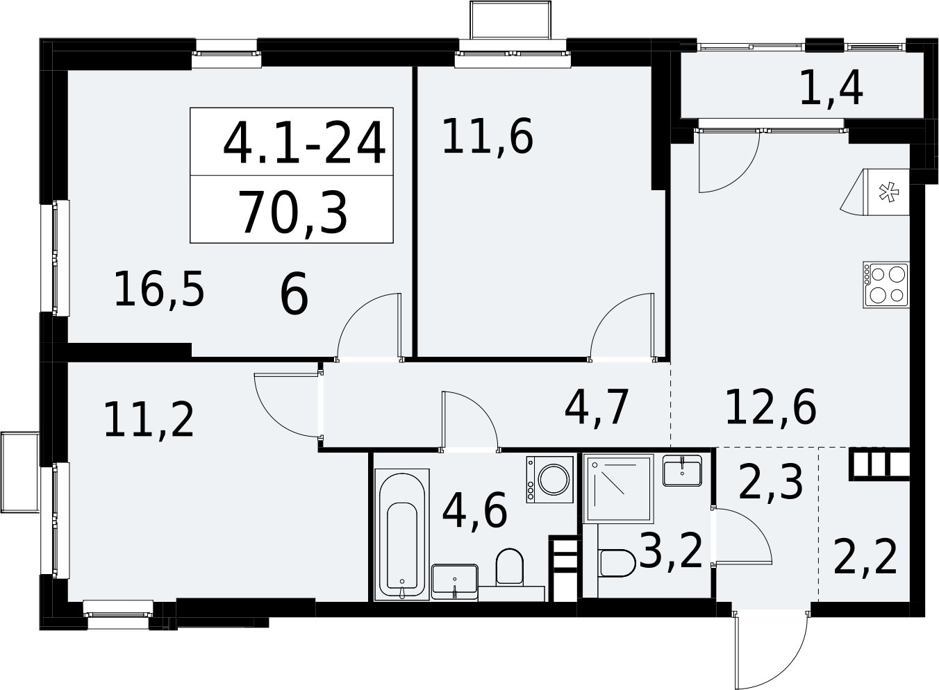 3-комнатная квартира с полной отделкой, 70.3 м2, 5 этаж, сдача 2 квартал 2027 г., ЖК Южные сады, корпус 4.1.1 - объявление 2392565 - фото №1