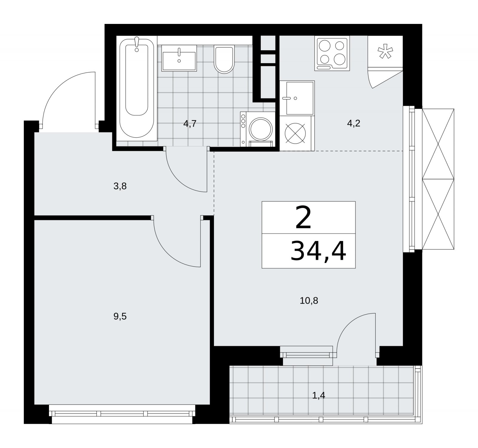 2-комнатная квартира (евро) с частичной отделкой, 34.4 м2, 4 этаж, сдача 2 квартал 2026 г., ЖК Прокшино, корпус 11.2.3 - объявление 2270579 - фото №1