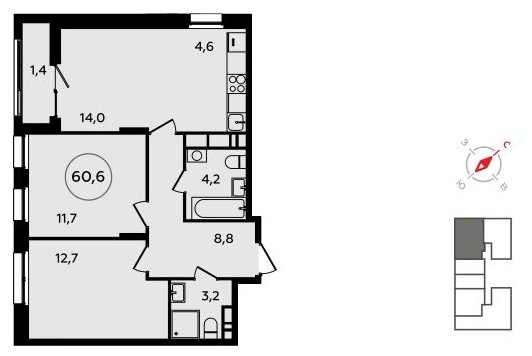 3-комнатная квартира (евро) без отделки, 60.6 м2, 14 этаж, сдача 3 квартал 2023 г., ЖК Прокшино, корпус 4.6 - объявление 1498956 - фото №1