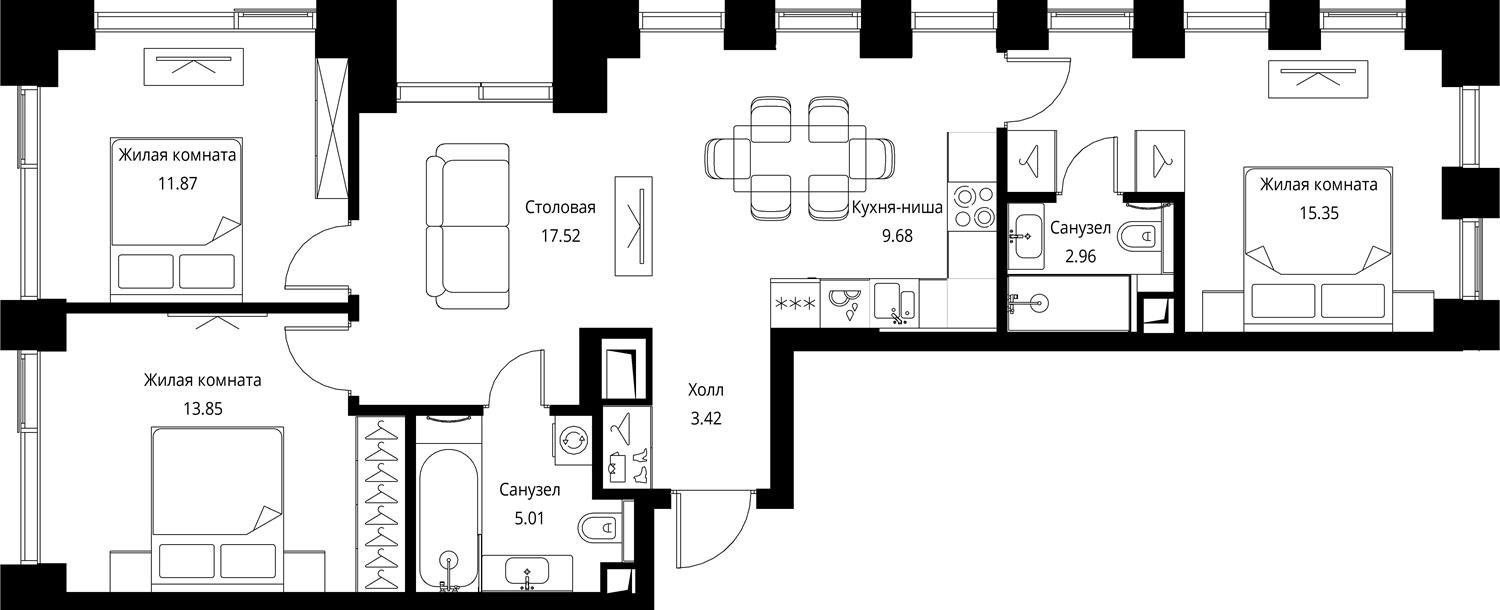 3-комнатная квартира с частичной отделкой, 79.66 м2, 4 этаж, сдача 3 квартал 2026 г., ЖК City Bay, корпус North Ocean 7 - объявление 2332399 - фото №1