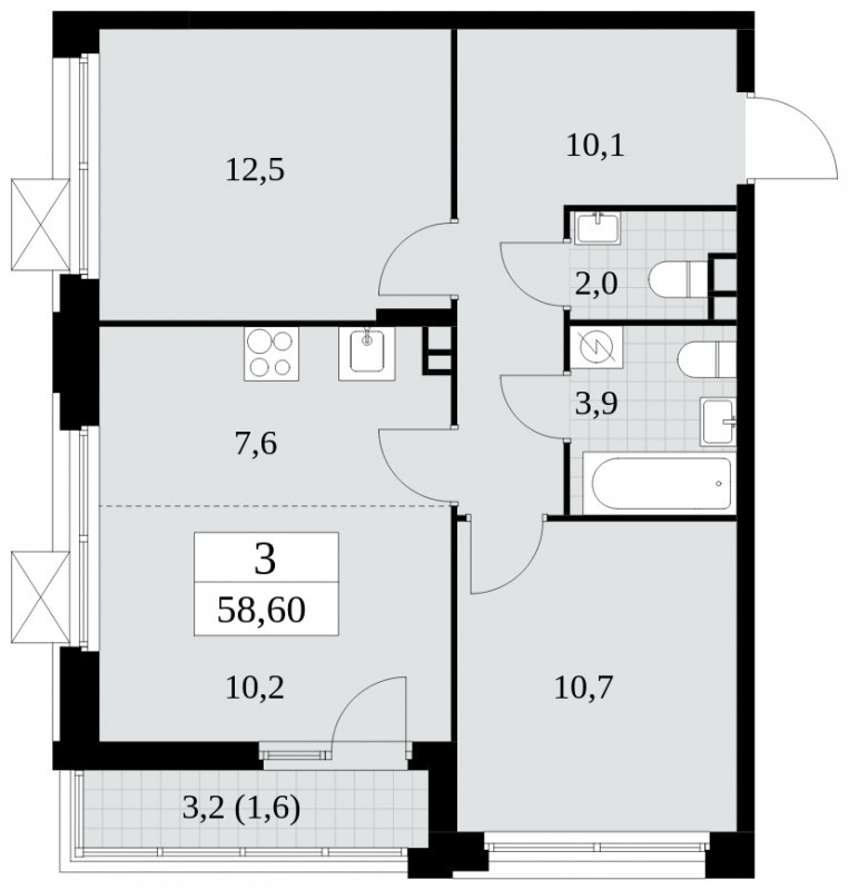 3-комнатная квартира (евро) без отделки, 58.6 м2, 3 этаж, сдача 1 квартал 2025 г., ЖК Скандинавия, корпус 2.27.3 - объявление 1840627 - фото №1