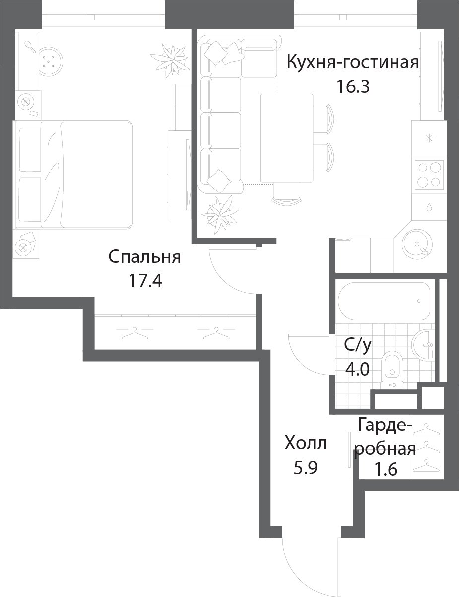 1-комнатная квартира без отделки, 46 м2, 3 этаж, сдача 3 квартал 2025 г., ЖК Nagatino i-Land, корпус 2 (3 очередь) - объявление 1981044 - фото №1