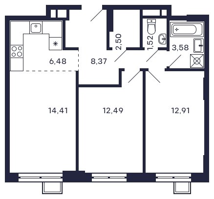 2-комнатная квартира без отделки, 62.26 м2, 3 этаж, сдача 2 квартал 2025 г., ЖК Квартал Тетрис, корпус "Квартал Тетрис 2.1" - объявление 1696556 - фото №1