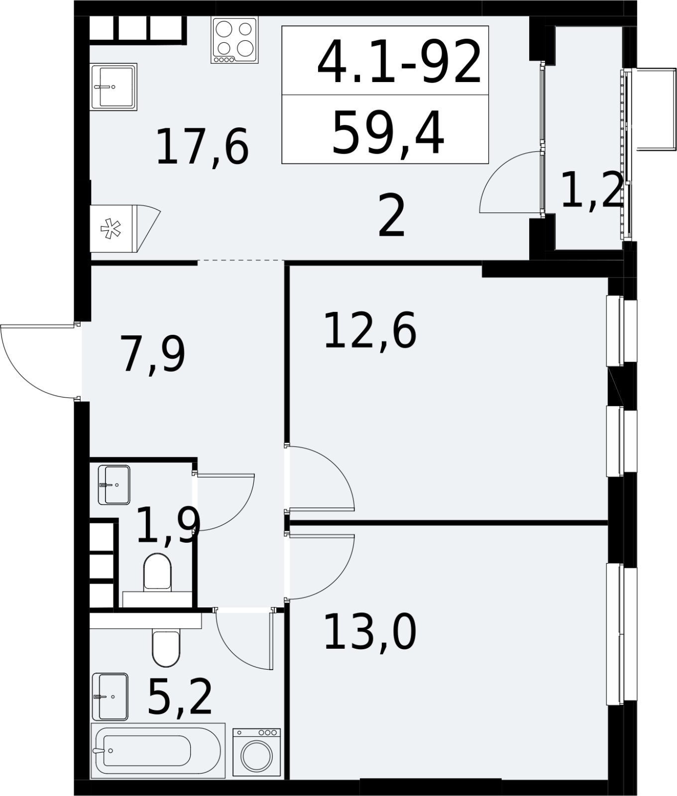 2-комнатная квартира с полной отделкой, 59.4 м2, 17 этаж, сдача 2 квартал 2027 г., ЖК Южные сады, корпус 4.1.1 - объявление 2392633 - фото №1