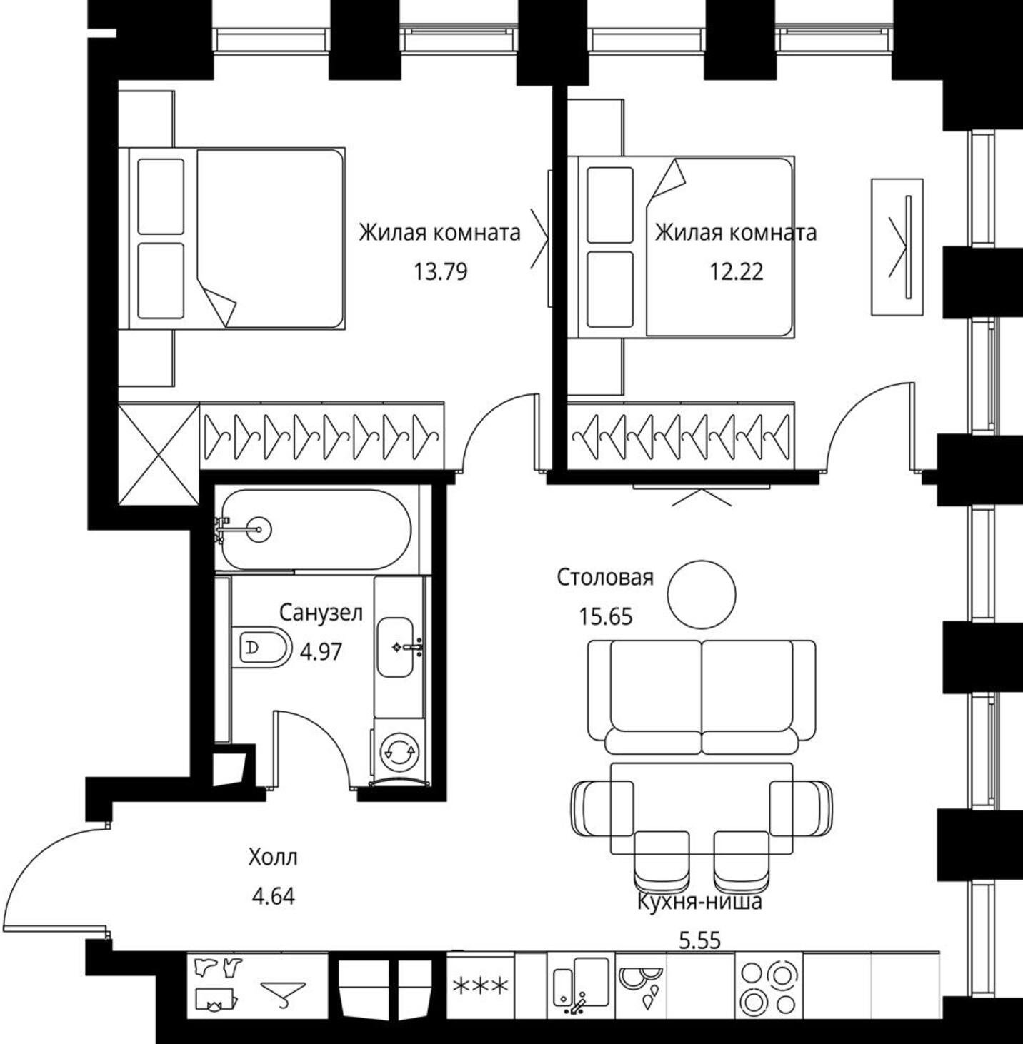 2-комнатная квартира с частичной отделкой, 56.82 м2, 10 этаж, сдача 3 квартал 2026 г., ЖК City Bay, корпус North Ocean 2 - объявление 2240443 - фото №1
