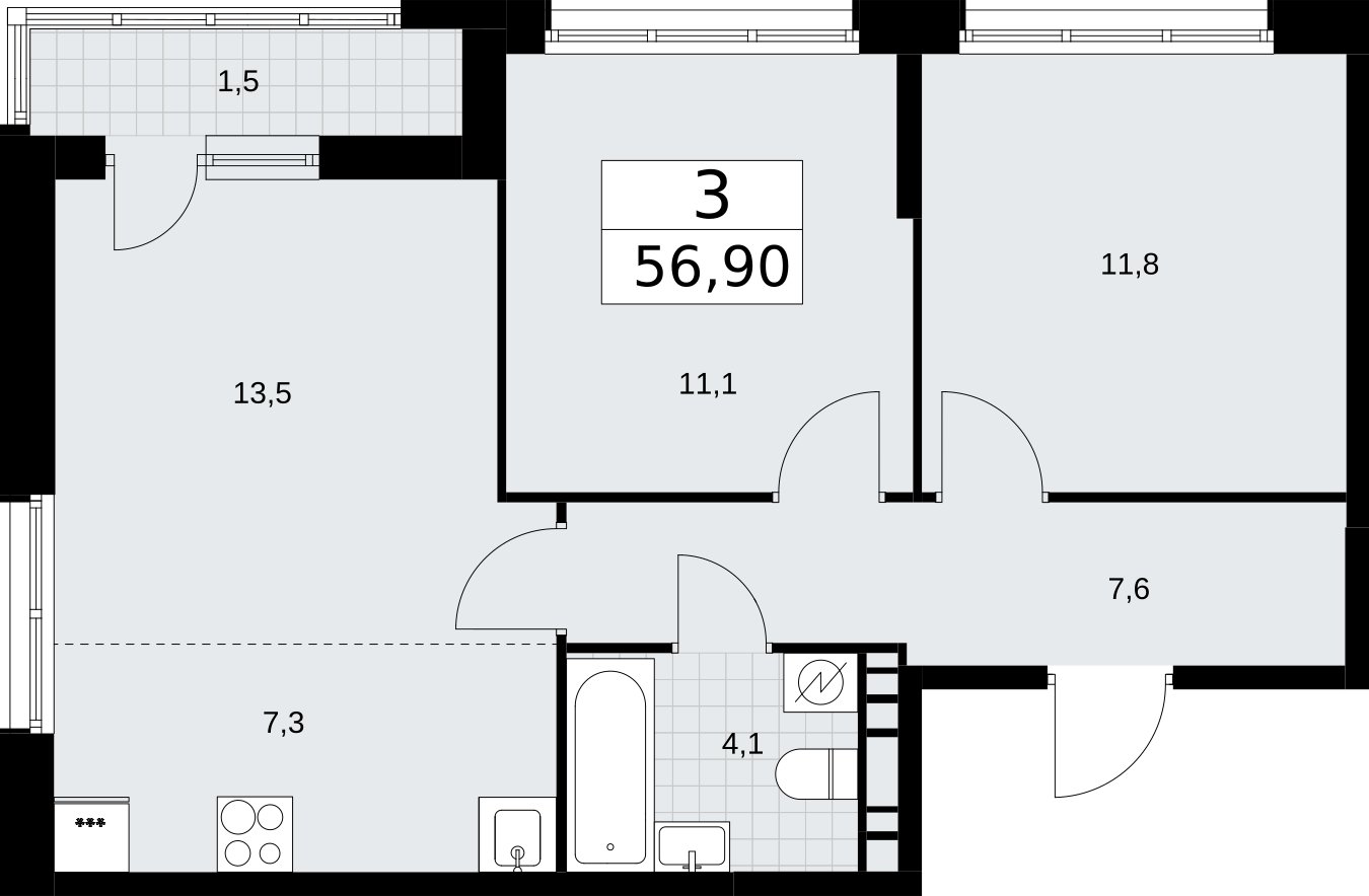 3-комнатная квартира (евро) с полной отделкой, 56.9 м2, 7 этаж, сдача 4 квартал 2026 г., ЖК Родные кварталы, корпус 3.3 - объявление 2378479 - фото №1