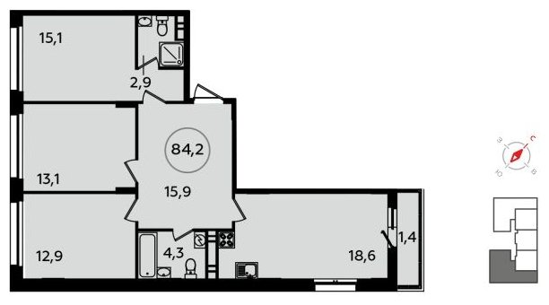 3-комнатная квартира без отделки, 84.2 м2, 14 этаж, дом сдан, ЖК Скандинавия, корпус 13.1 - объявление 1412182 - фото №1