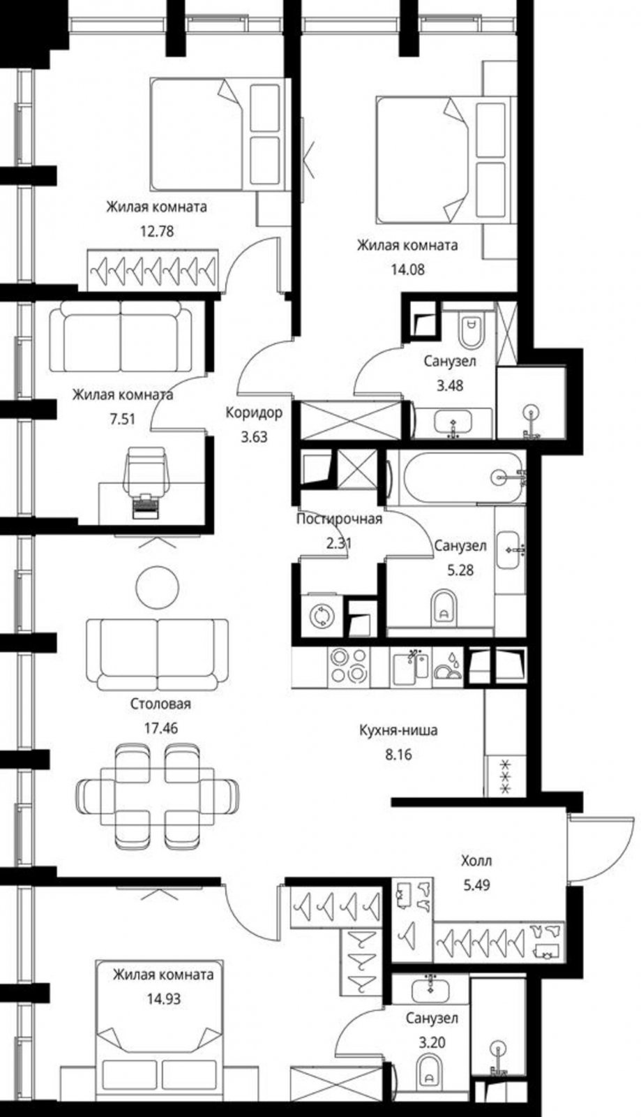 4-комнатная квартира с частичной отделкой, 98.31 м2, 18 этаж, сдача 3 квартал 2026 г., ЖК City Bay, корпус North Ocean 10 - объявление 2240686 - фото №1