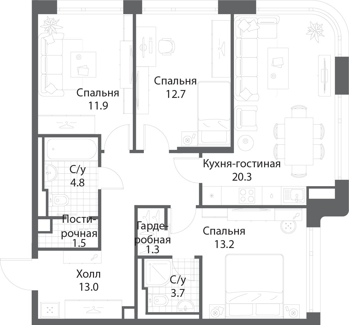 3-комнатная квартира без отделки, 82.2 м2, 32 этаж, сдача 3 квартал 2025 г., ЖК Nagatino i-Land, корпус 2 (3 очередь) - объявление 2342253 - фото №1