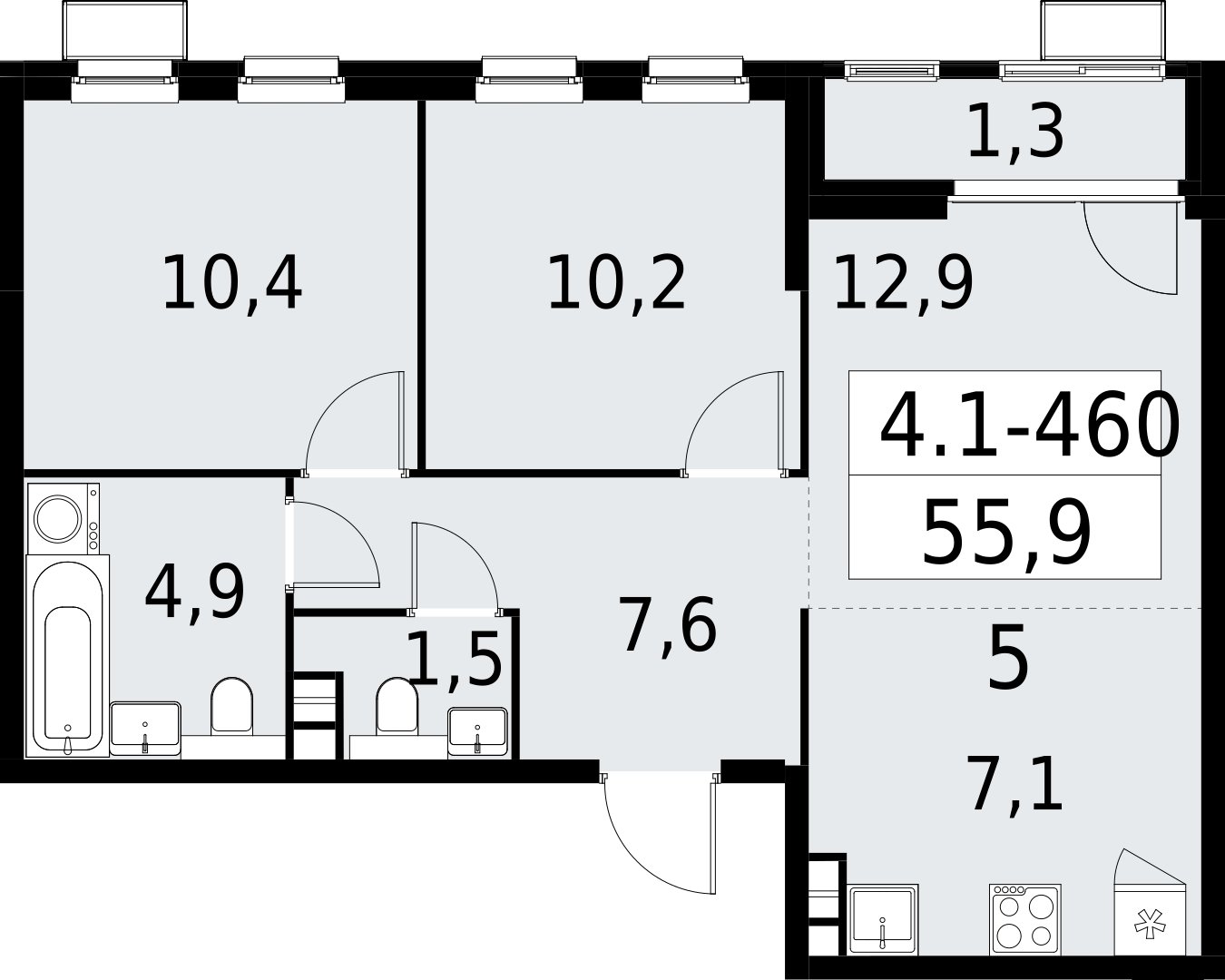3-комнатная квартира (евро) с полной отделкой, 55.9 м2, 9 этаж, сдача 2 квартал 2027 г., ЖК Южные сады, корпус 4.1.2 - объявление 2392965 - фото №1