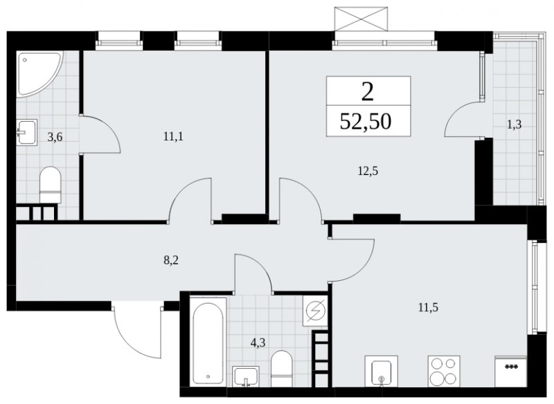 2-комнатная квартира с частичной отделкой, 52.5 м2, 4 этаж, сдача 1 квартал 2025 г., ЖК Дзен-кварталы, корпус 1.2 - объявление 1895639 - фото №1