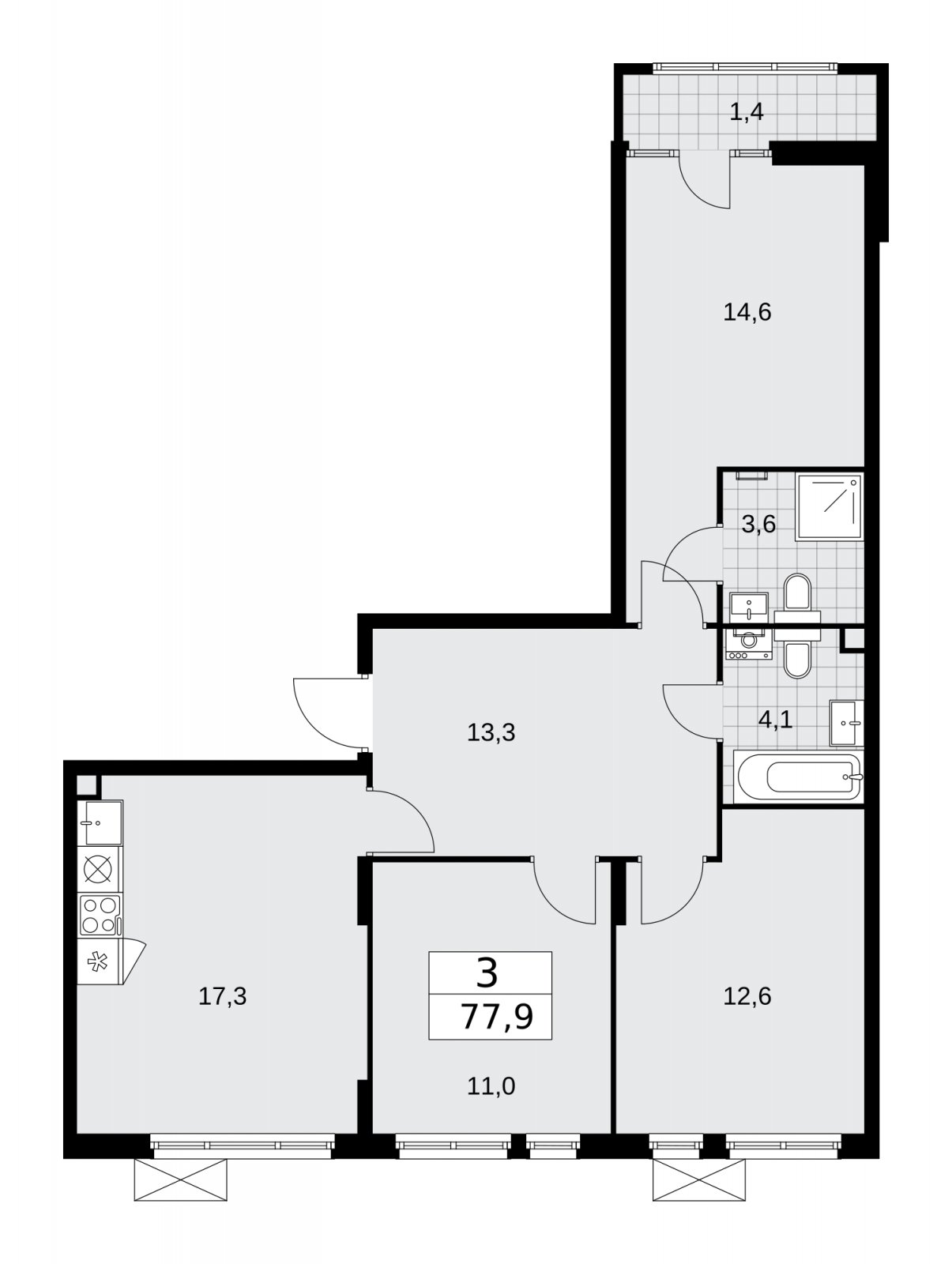 3-комнатная квартира с полной отделкой, 77.9 м2, 2 этаж, сдача 2 квартал 2026 г., ЖК Деснаречье, корпус 4.8 - объявление 2265167 - фото №1